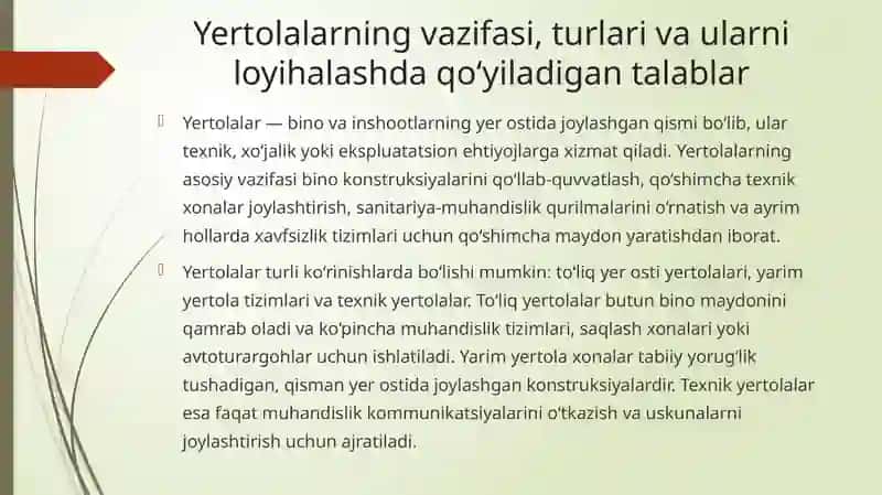 Loyihalash ishlarida yertolalar va texnik kanallarning konstruktiv yechimlari 2