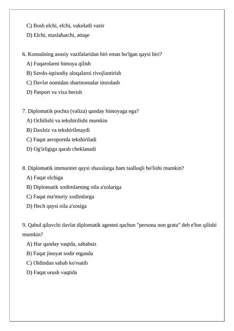 Diplomatik va konsullik huquqi test 2