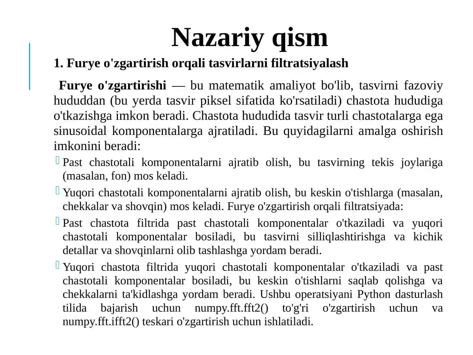 Tasvirnifiltrlashda Furyetransformatsiyasidan,tasvirnitahlilqilishda SIFT va HOG funksiyalaridan foydalanish 2