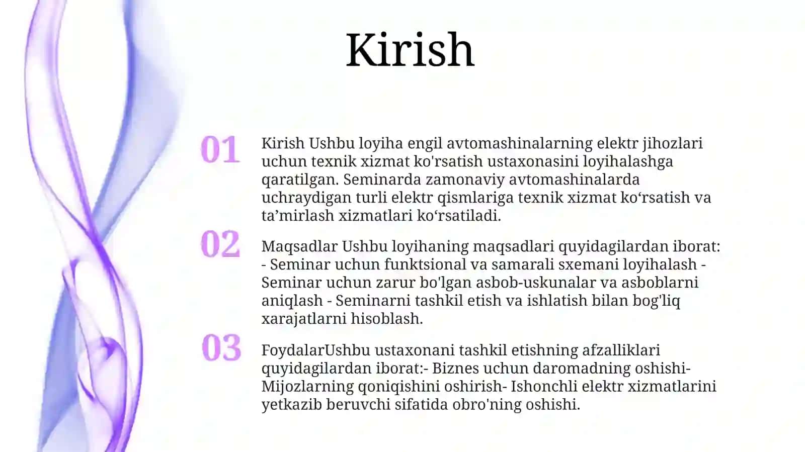 Yengil Avtomobillarning Elektr Jihozlariga Texnik Xizmat KoʻRsatishUstaxonasiniLoyihalash 2