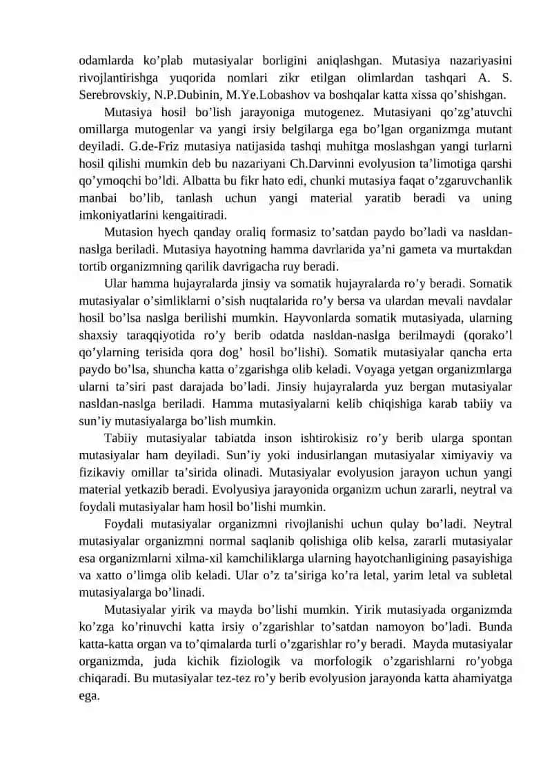 Mutasion O'zgaruvchanlik. Populyatsiyalar Genetikasi 2