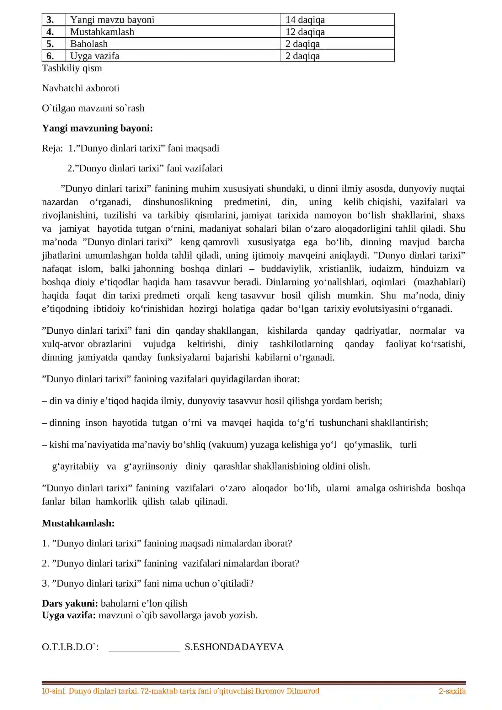 10-Sinf Dunyo dinlari tarixi 2