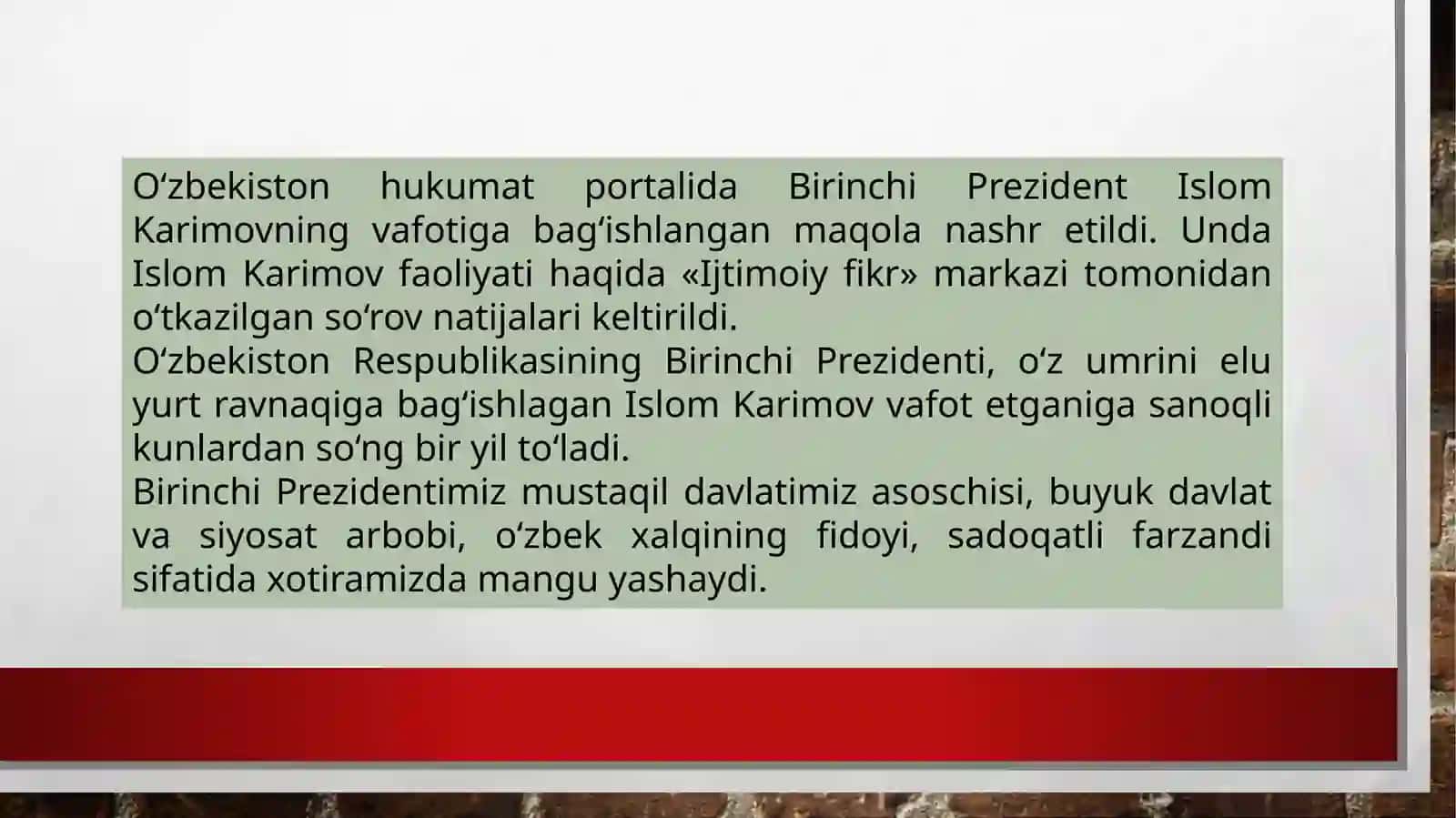Mustaqil o’zbekiston davlati  yuzaga kelishda  va mustahkamlanishi i.Karimovning tutgan o’rni 2
