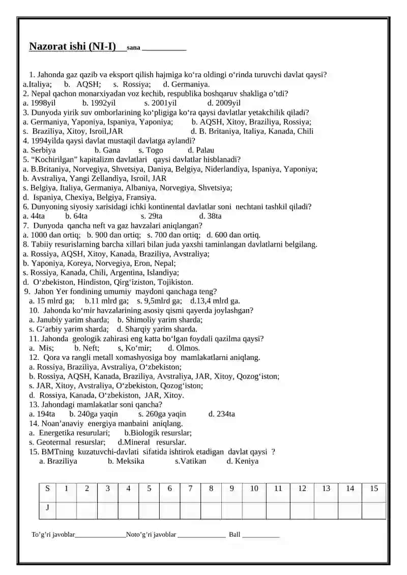 Geografiya fanidan nazorat ishlari to’plami 2