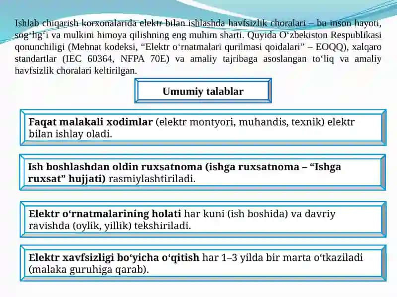 Ishlabchiqarish korxonalarida elektr bilan ishlagan da havfsizlik choralari 2