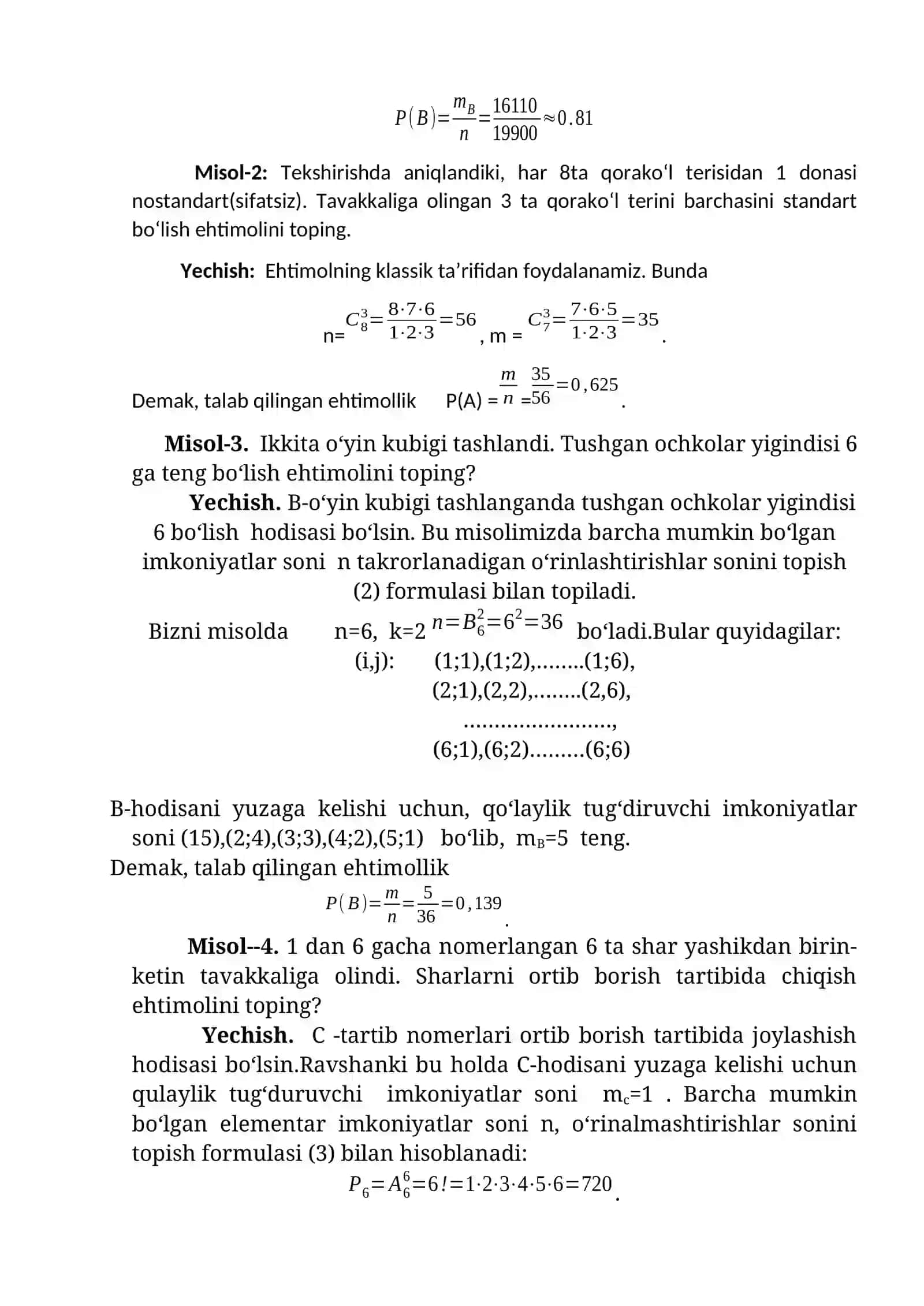 Elementar hodisalar fazosi.Tasodifiy hodisalar va ehtimolning turli ta`riflari. Ehtimollarni qo‘shish, ko‘paytirish teoremalari. To‘la ehtimol formulasi. Bayes formulasi 2