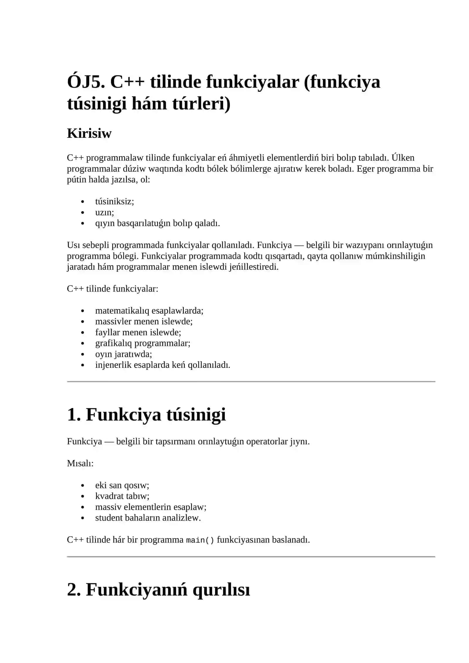 C++ tilinde funkciyalar (funkciya túsinigi hám túrleri) 2