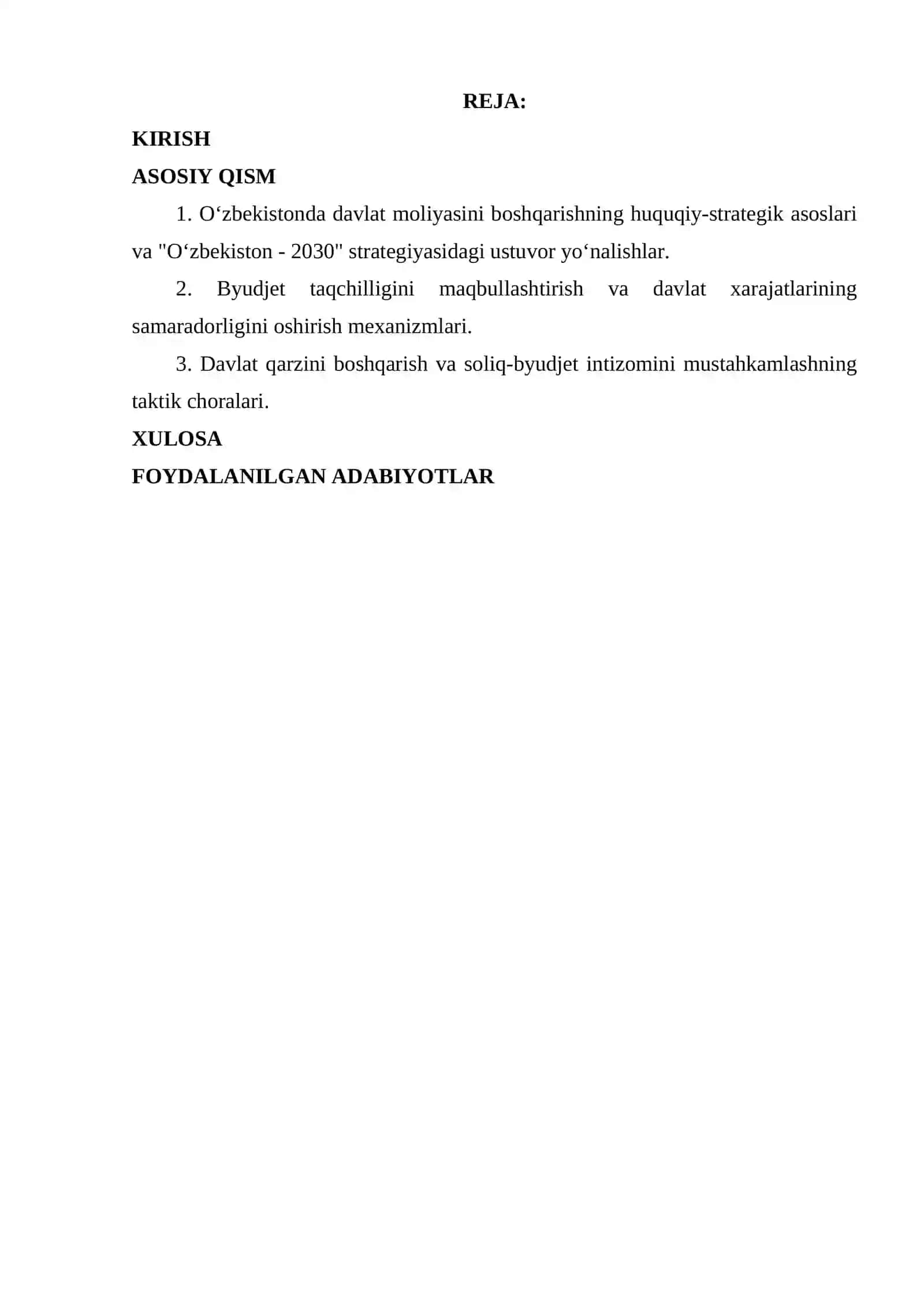 Davlat moliyasini sog‘lomlashtirish yuzasidan amalga oshirilayotgan tadbirlar va ularning strategik maqsadlari va taktik vazifalari 2