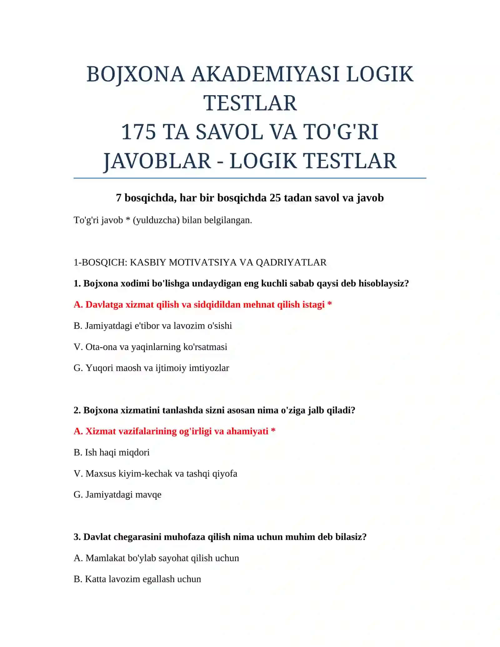BOJXONA AKADEMIYASI LOGIK TESTLAR 2