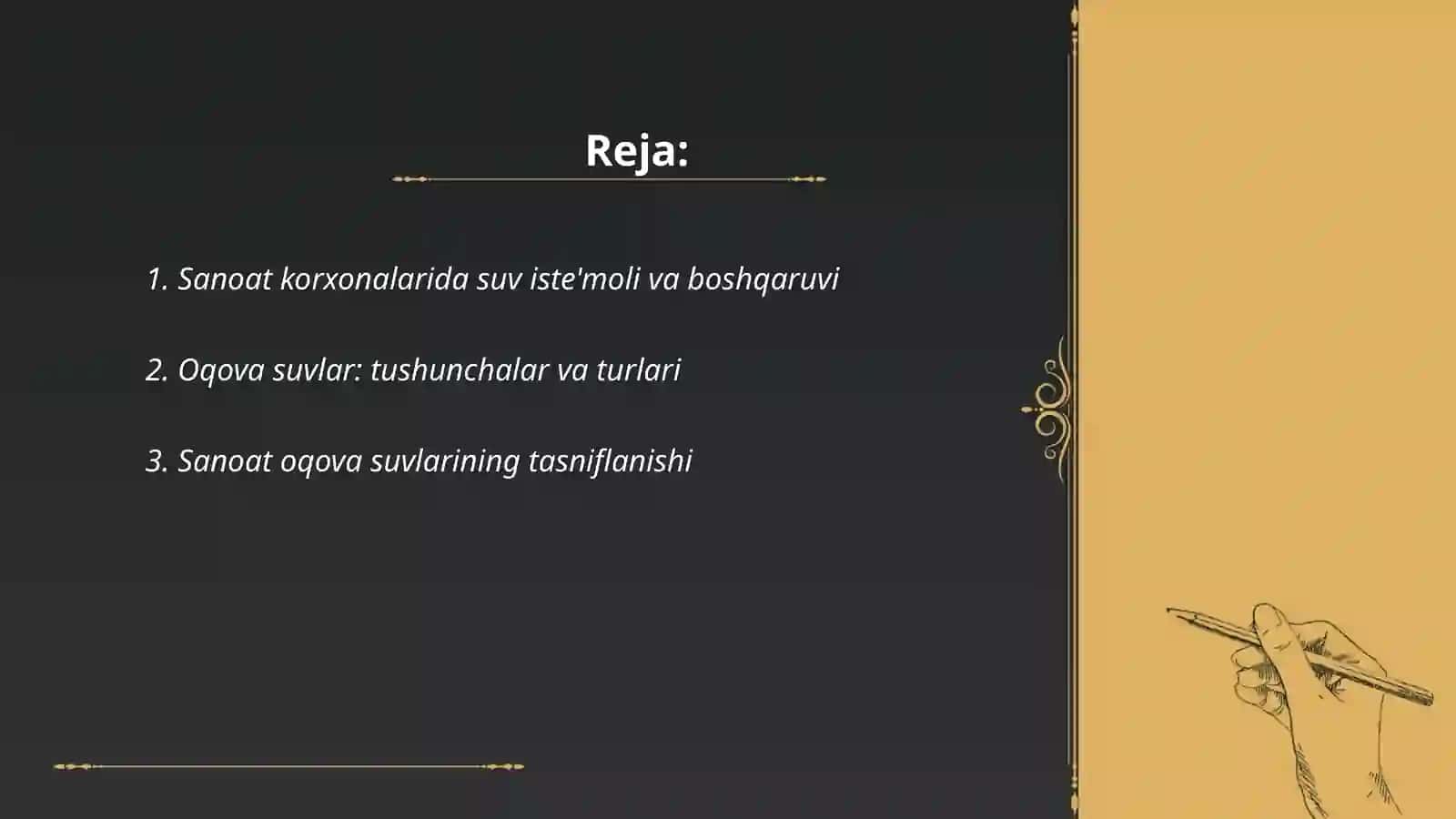 Sanoat karxonalarida suvdan foydalanish, oqova suvlarining hosil bo'lishi, ularning tasniflari. Suv resurslarini muhofaza qilish va ulardan samarali foydalanish 2
