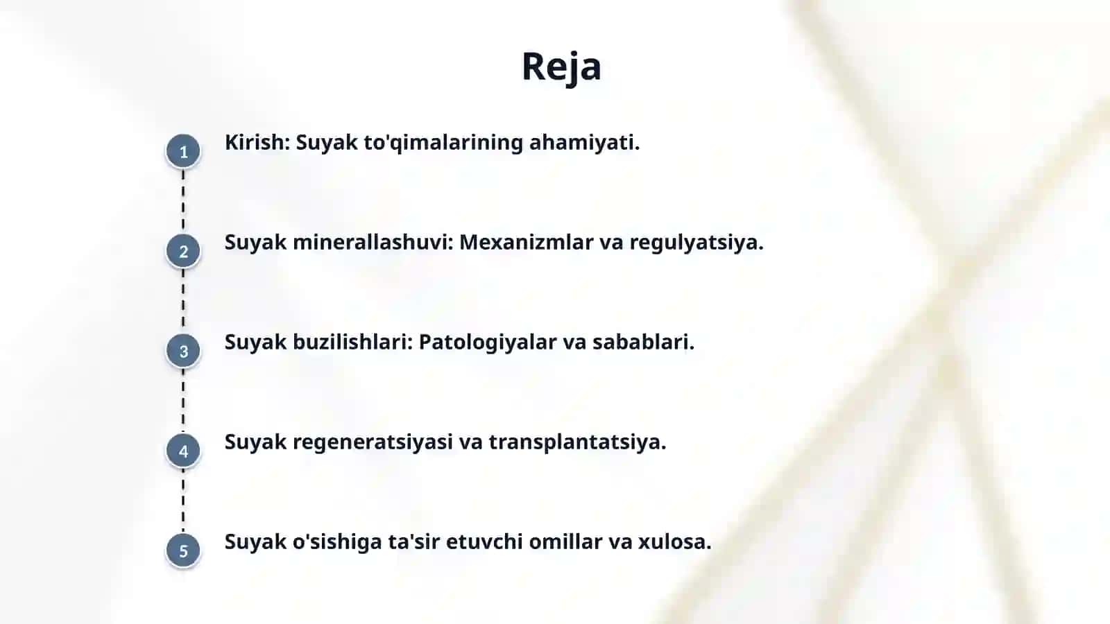 "Suyak to'qimalarining minerallashuvi, uning tartibga solinishi va buzilishlari. Suyak to'qimalarining regeneratsiyasi va transplantatsiya. Suyak o'sishiga ta'sir qiluvchi omillar." 2