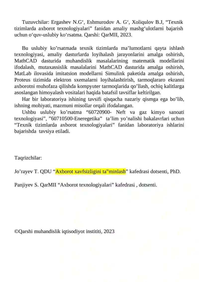 Uslubiy ko'rsatma "Texnik tizimlarda axborot texnologiyalari" 2