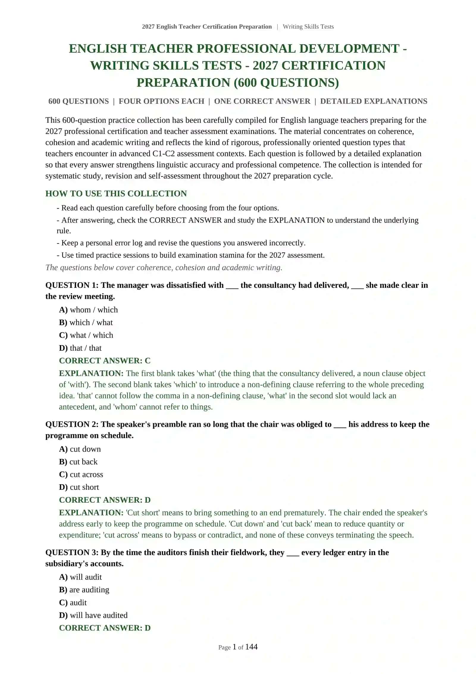 2027 English Teacher Certification Preparation | Writing Skills Tests 2