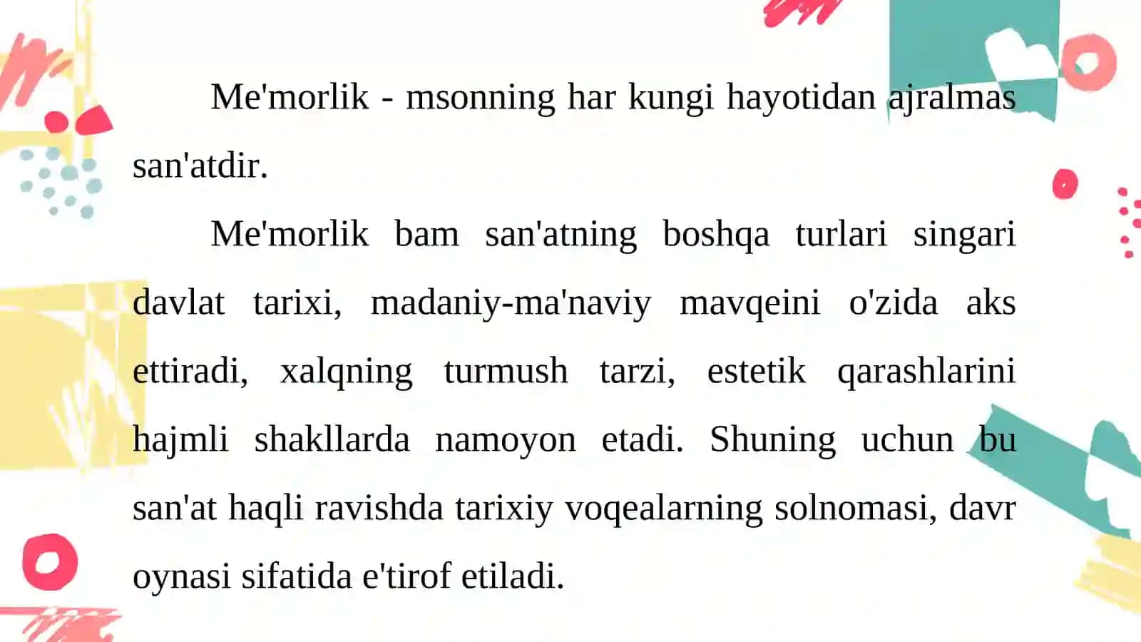7-sinf tasviriy san’at darsligi asosida 10-mavzu: Me'morlik - msonning har kungi hayotidan ajralmas san'atdir 2