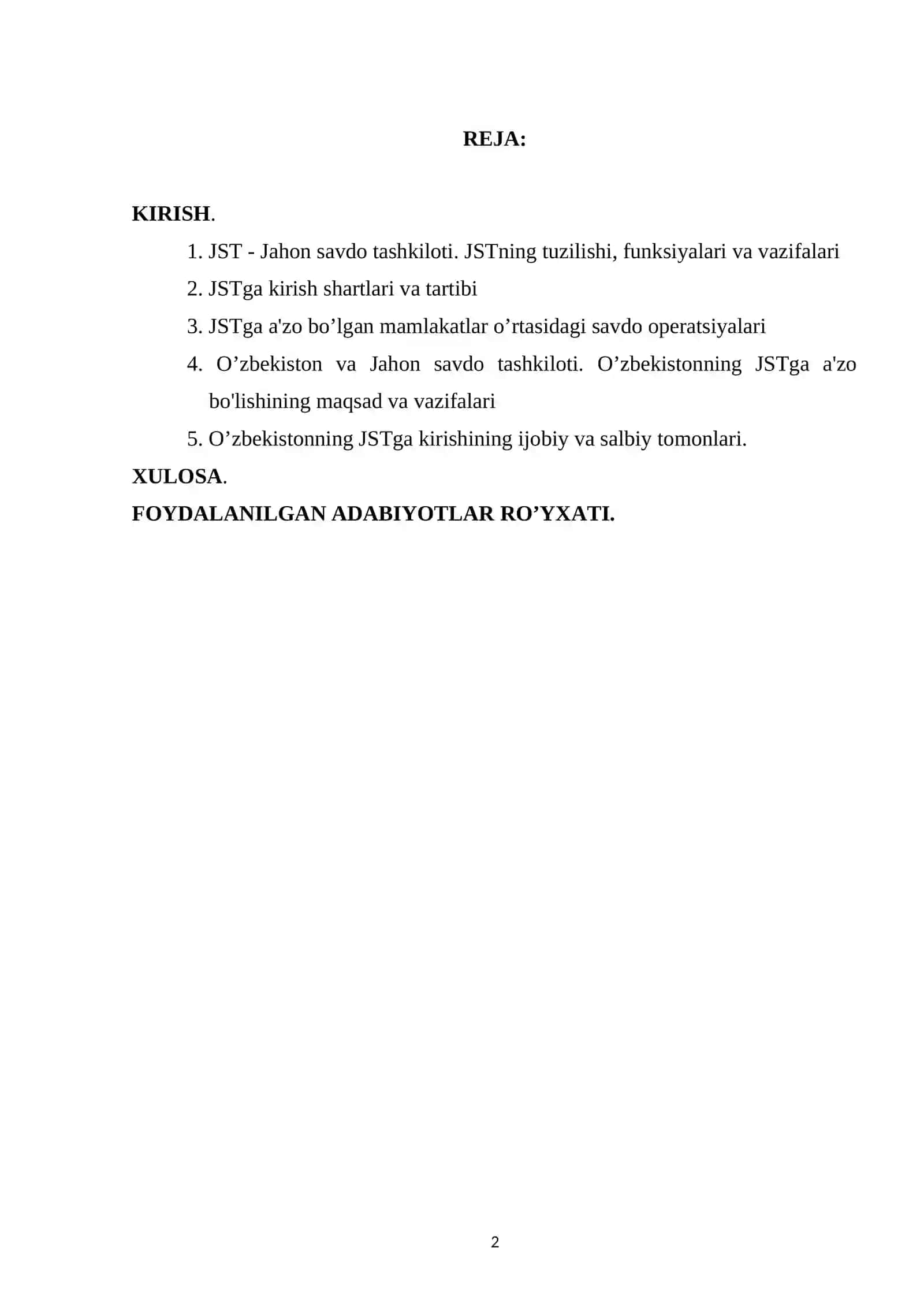 O'ZBEKISTON RESPUBLIKASINING BUTUN JAHON SAVDO TASHKILOTIGA A'ZO BO'LIB KIRISH MASALALARI 2