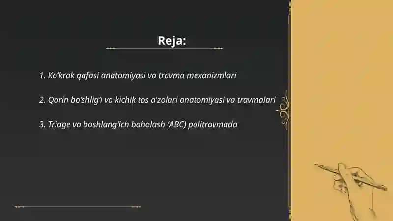 Koʻkrak qafasi,qorin boʻshligʻi va kichik toz a'zolari travmasi. Politravmada tekshirish taktikasi 2
