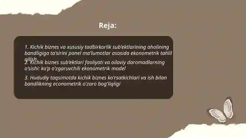 Aholi bandligi va daromadlarini oshirishda kichik biznes va xususiy tadbirkorlik sub'ektlari ko‘rsatkichlarini ekonometrik tahlil qilish. 2