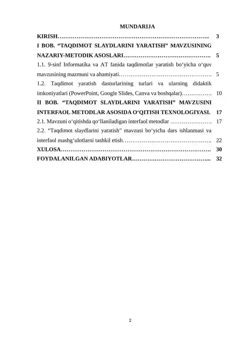 Umumiy o'rta ta'lim maktablarining 9-sinfida Informatika va AT fanidan "Taqdimot slaydlarini yaratish uchun mos dastur imkoniyatlaridan foydalanish" mavzusini o'qitishda interfaol metodlardan foydalanish 2