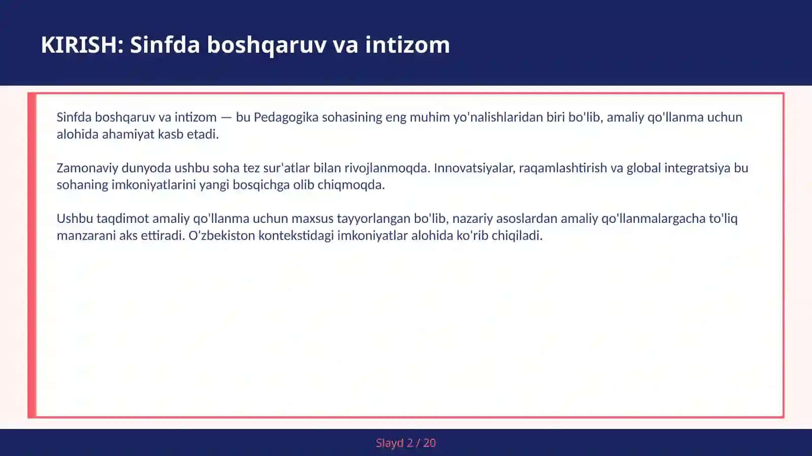 Sinfda boshqaruv va intizom 2