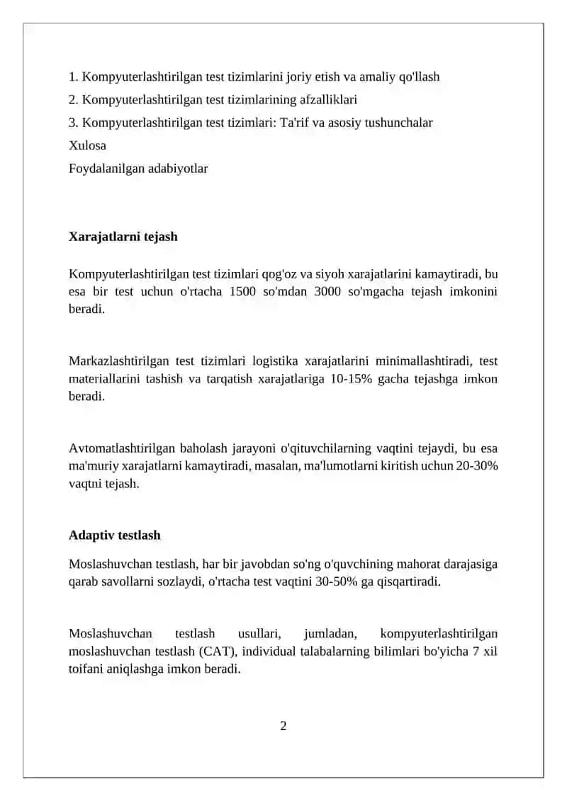 Kampyuterlashtirilgan test tizmi va ularning avzalliklari 2