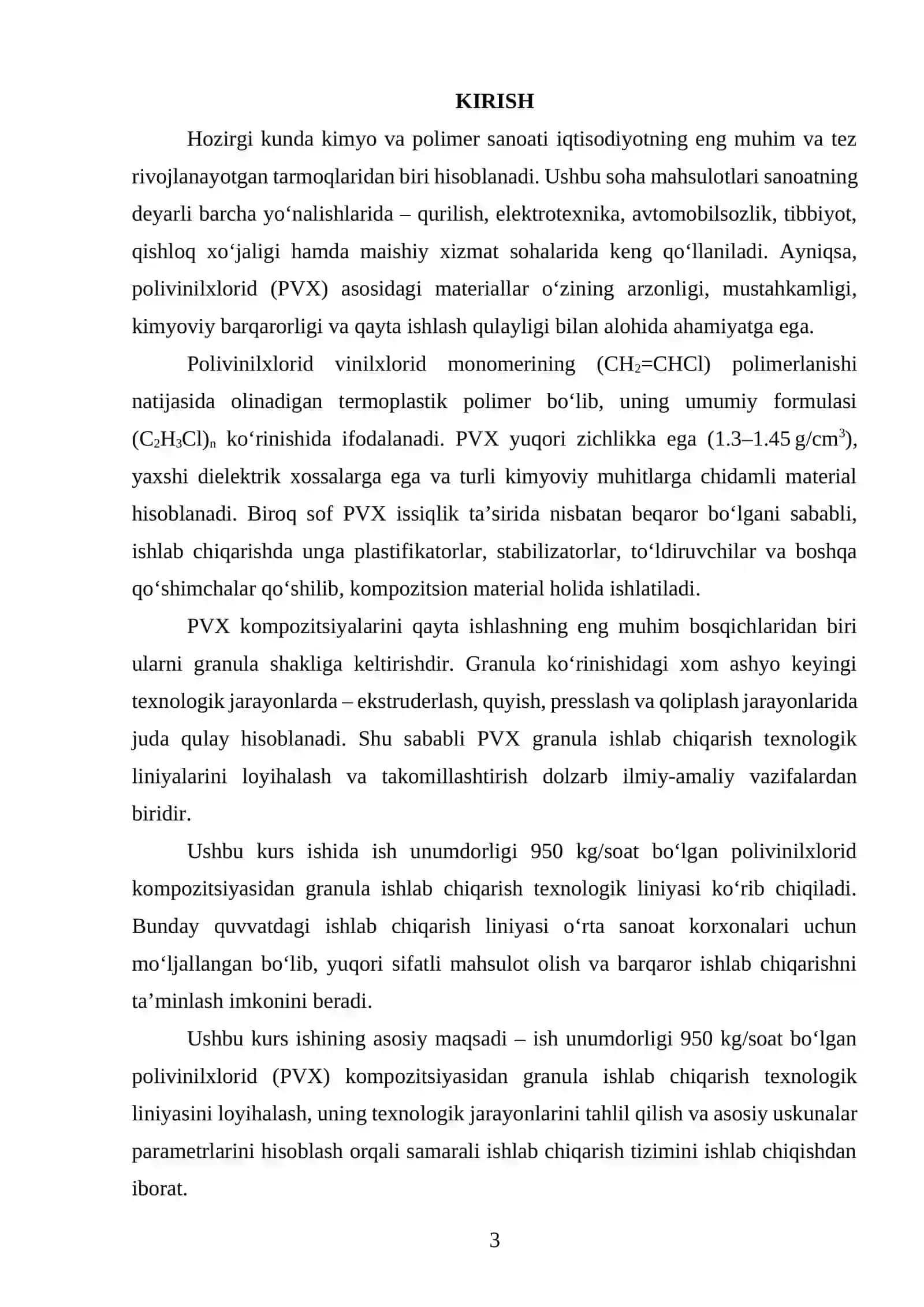PVX kompozitsiyadan ish unumdorligi 950 kg/soat boʻlgan granula ishlab chiqaradigan ikki shnekli granulyator liniyasini loyihalash 2