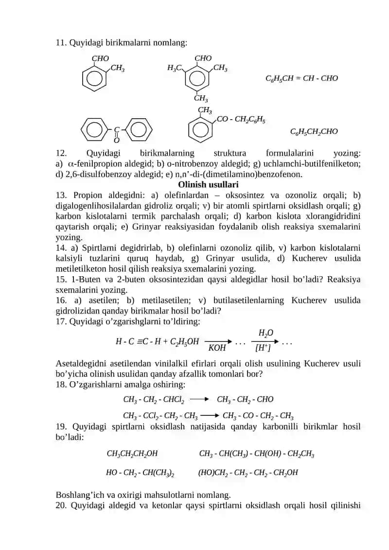 ALDEGID VA KETONLAR MAVZUSIGA DOIR AMALIY MASHG’ULOT 2