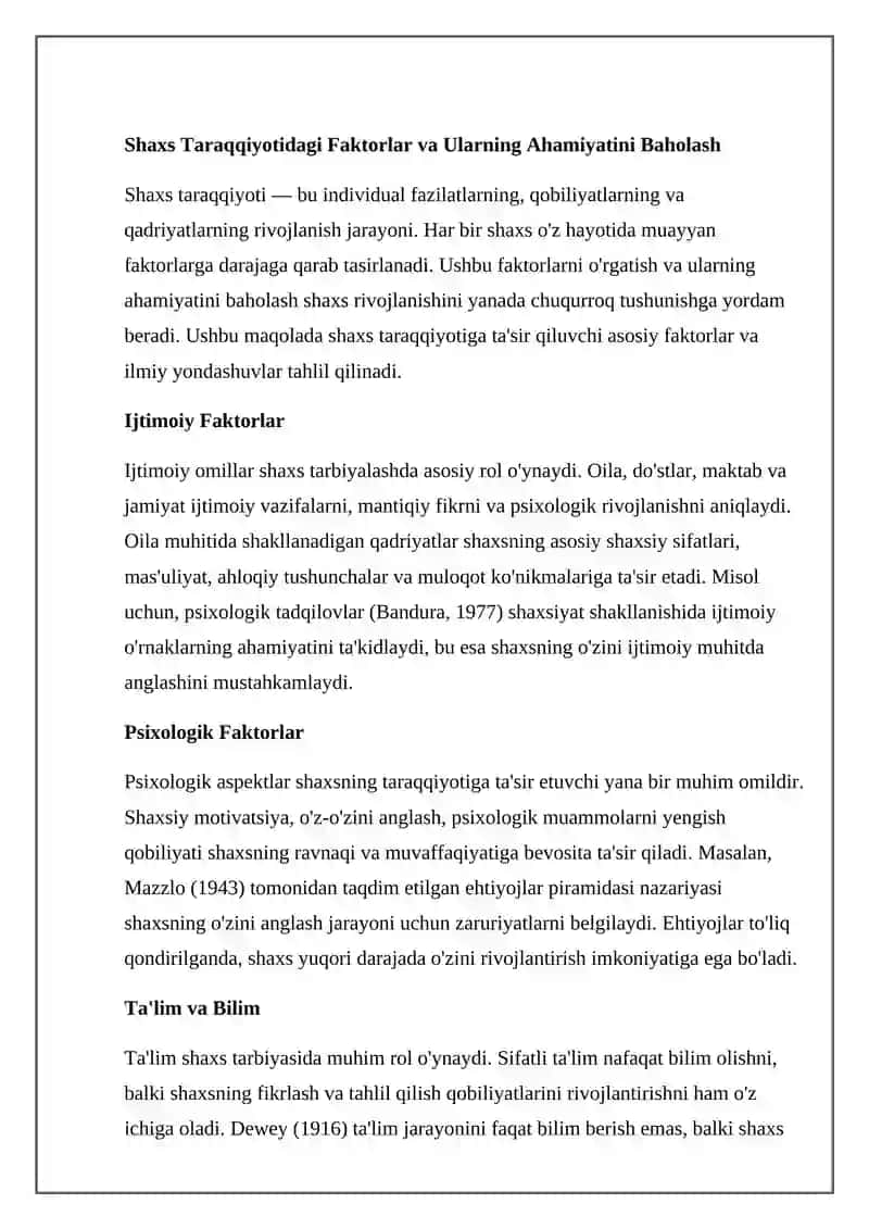SHAXS TARAQQIYOTIDAGI FAKTORLARNI O‘RNIGA KO‘RA ULARNING AHAMIYATINI BAHOLASHGA DOIR ILMIY YONDASHUVLARNI TIZIMLASHTIRISH 2