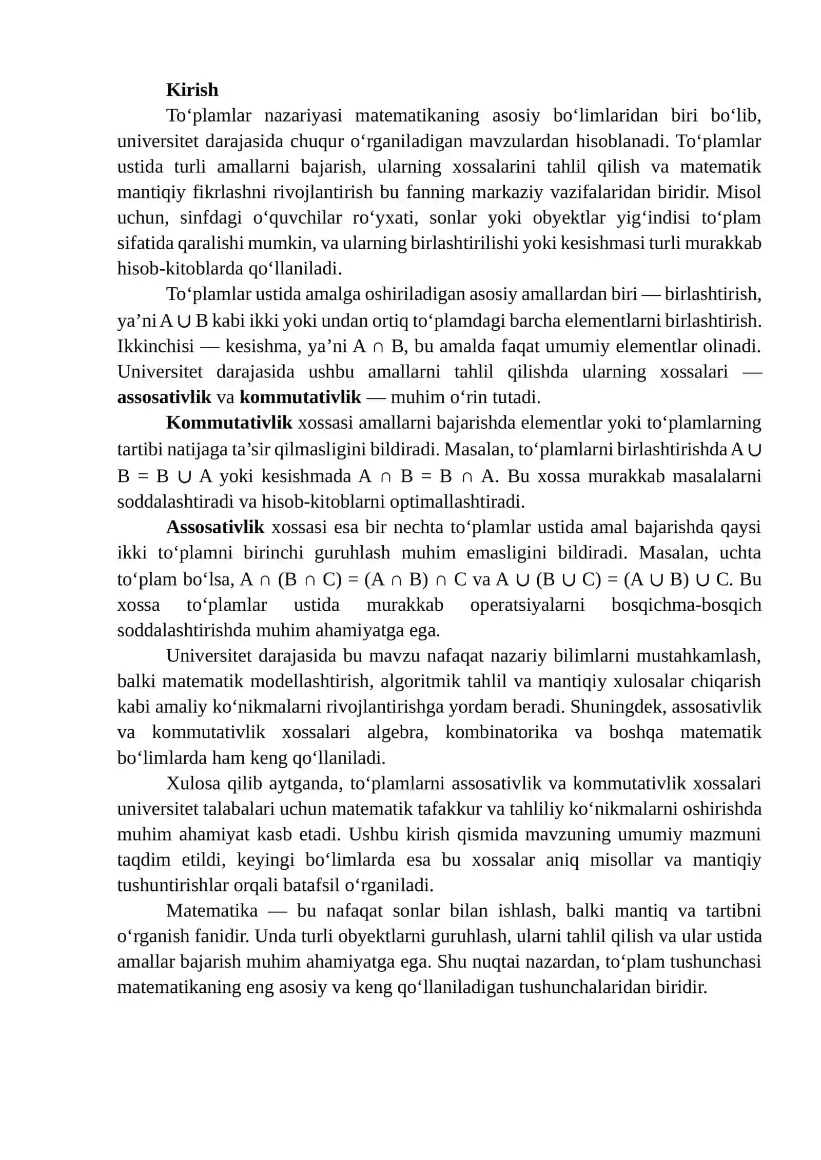 Toʻplamlarni assosativlik va kamutativlik 2