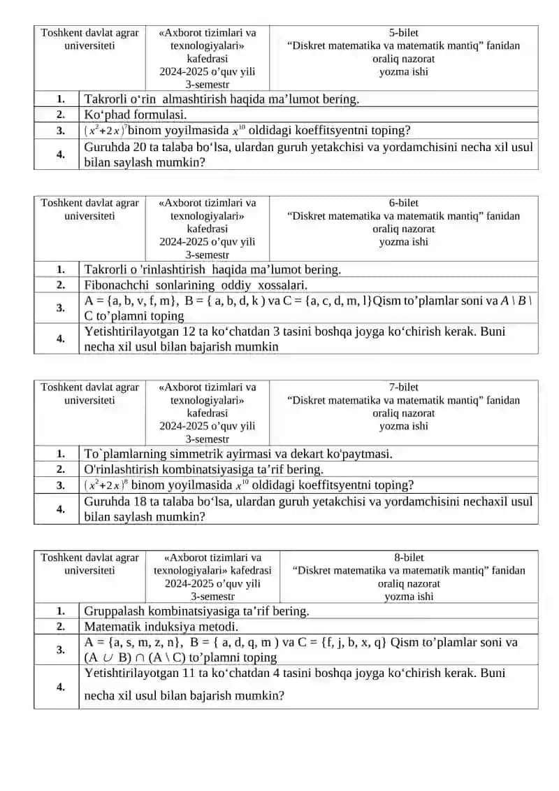 Diskret matematika va matematik mantiq (oraliq nazorat yozma ishi) 2