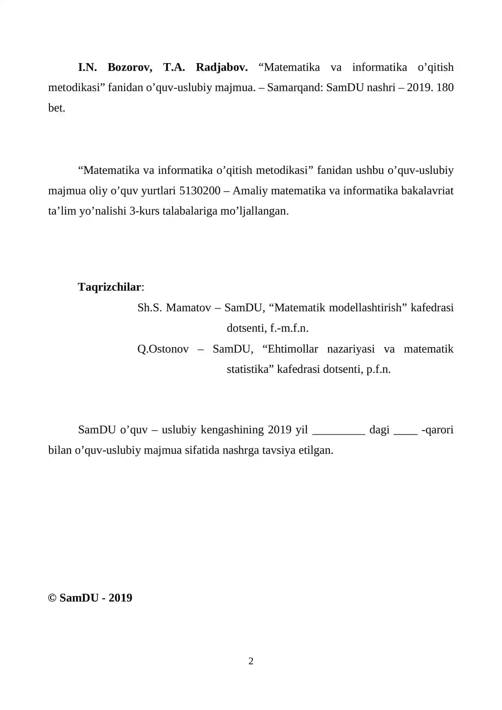 MATEMATIKA VA INFORMATIKA O’QITISH METODIKASI 2