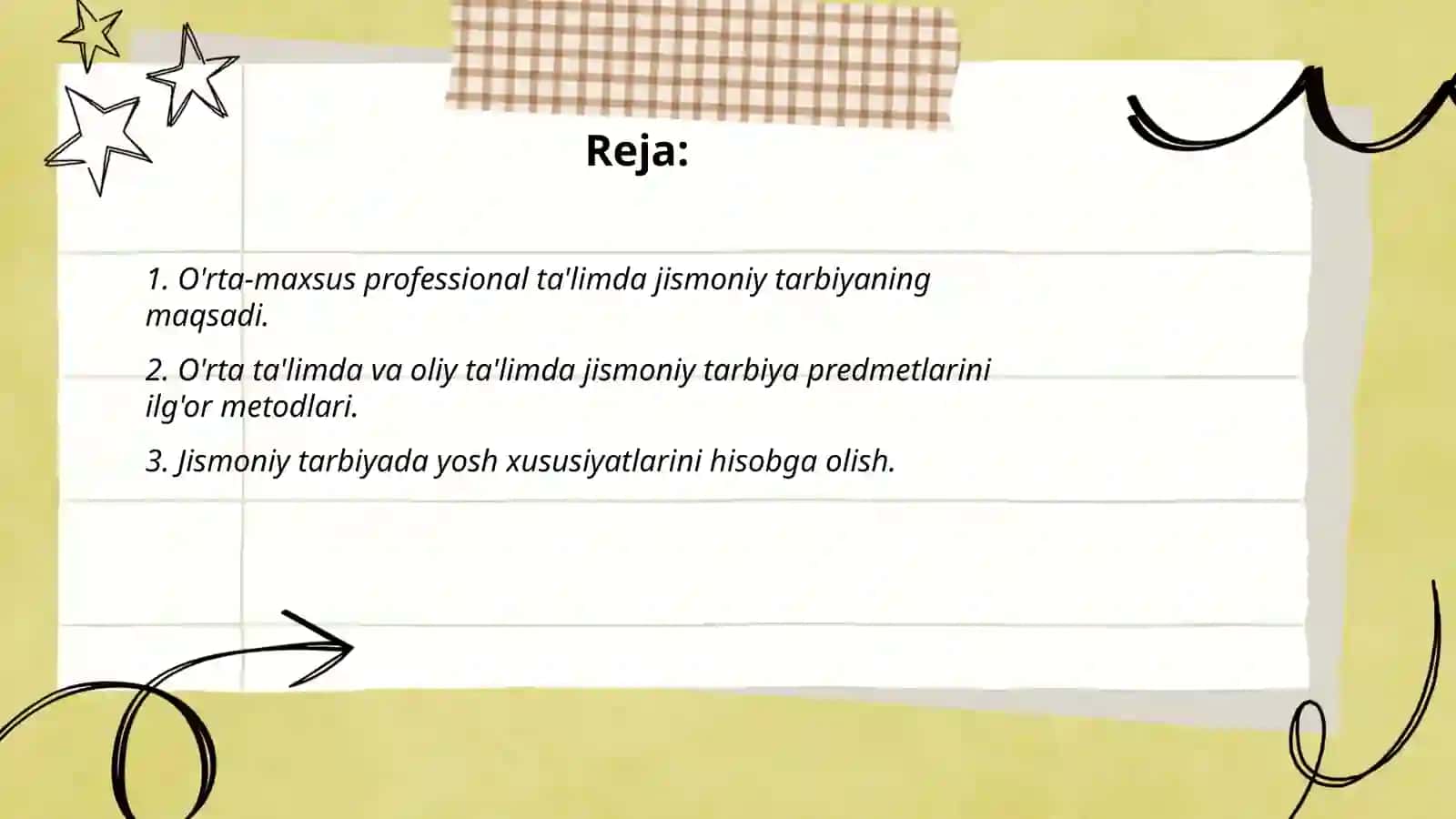 O’rta-maxsus professional ta’lim va oliy ta’lim tizimlarida jismoniy tarbiyaning o’ziga xos xususiyatlariga tavsif 2