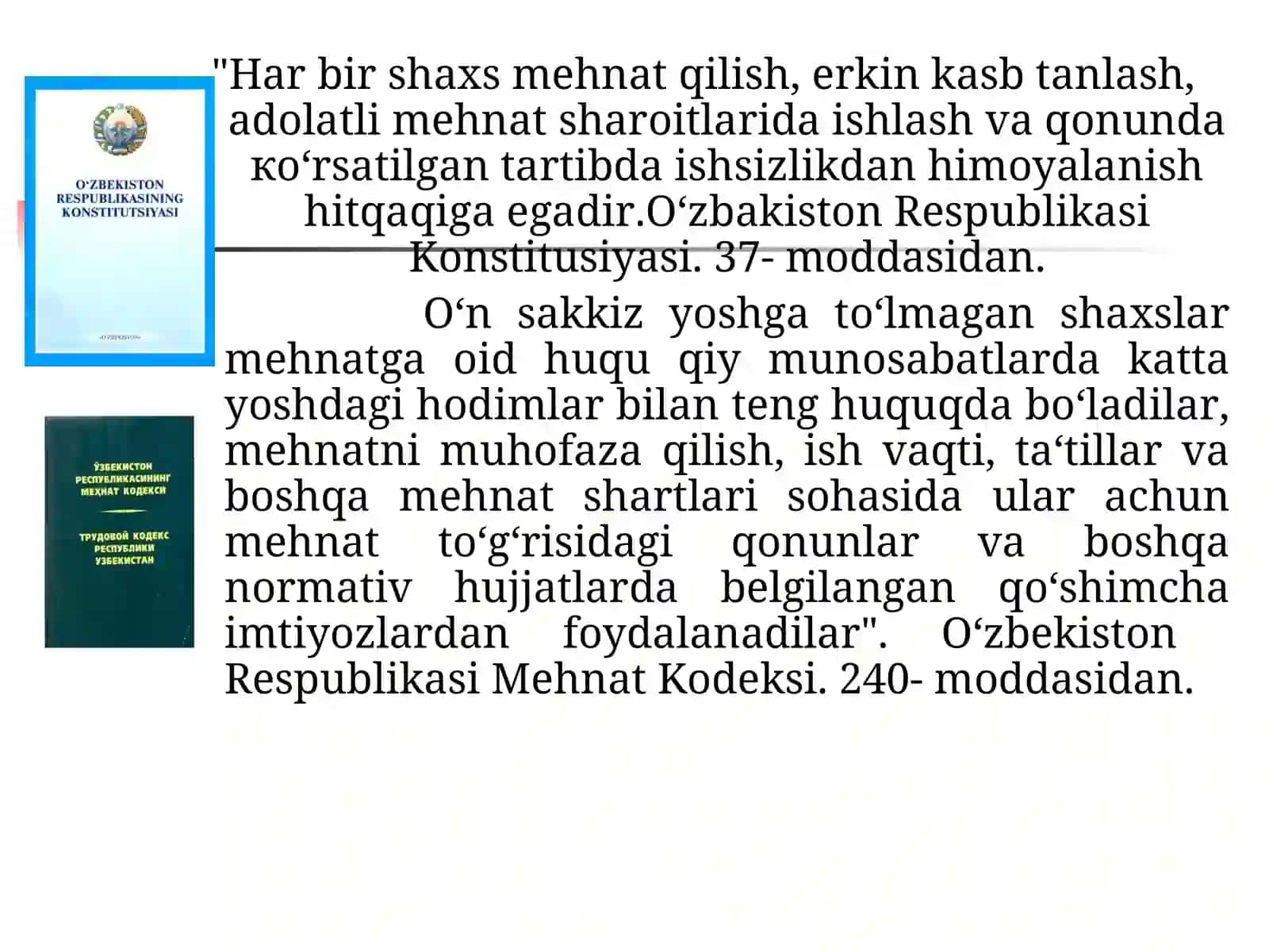 “Mehnat qonunchiligida voyaga yetmaganlarning huquqlari” mavzusidagi DARS TAQDIMOTI 2