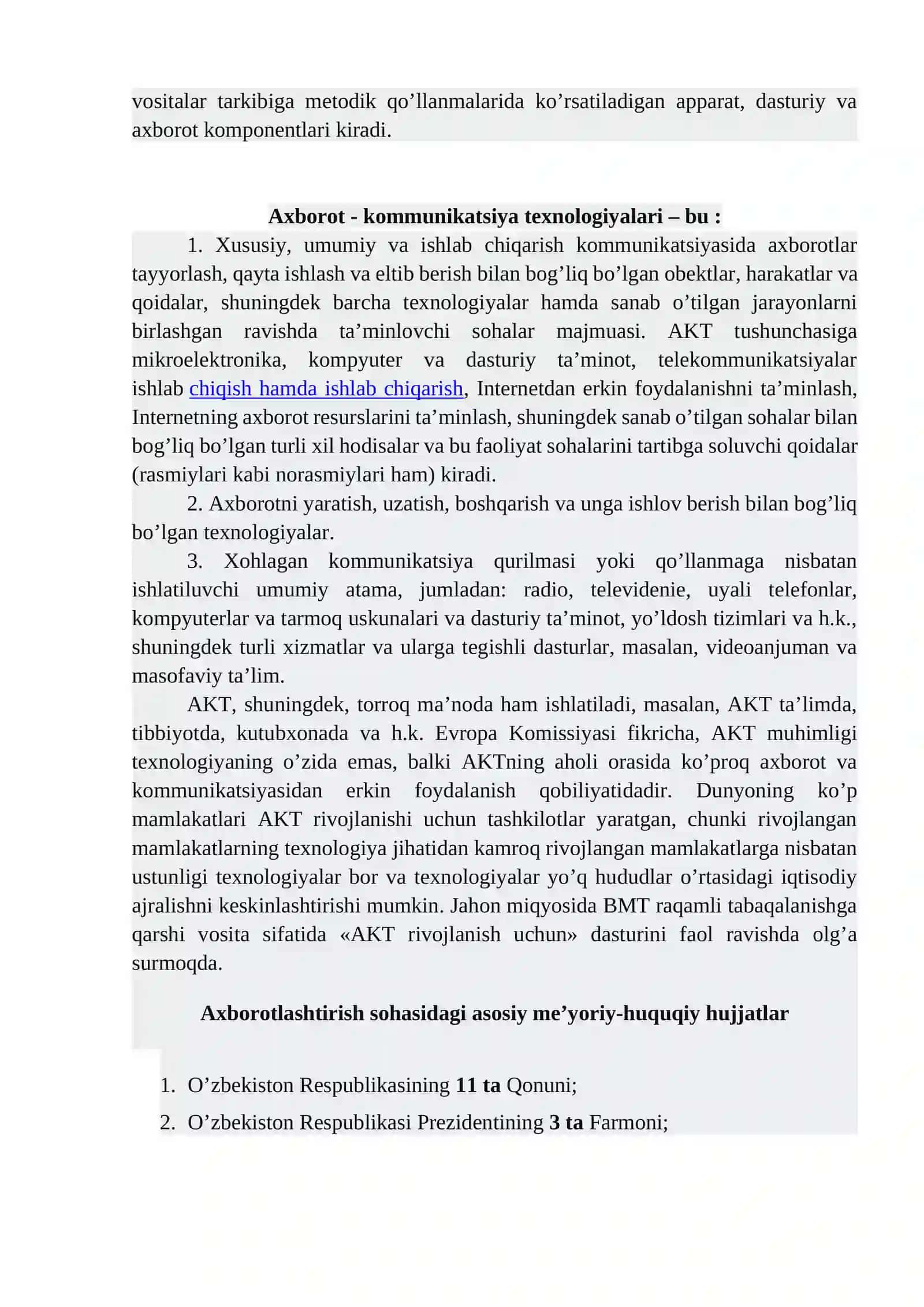 O'zbekistonda AKT sohasini rivojlantirishdagi asosiy yo’nalishlari va amaldagi qonunlar 2