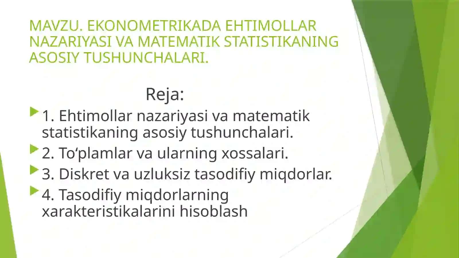 Ekonometrikada ehtimollar nazariyasi va matematik statistikaning asosiy tushunchalari 2
