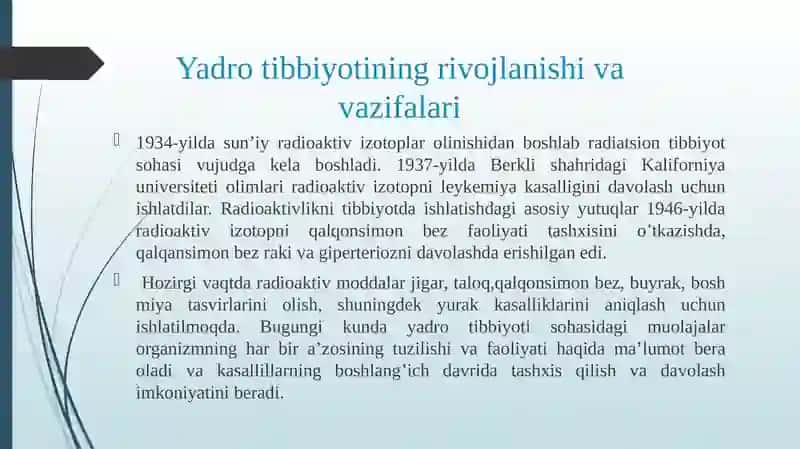 Yadro kimyosining tibbiyotdagi o’rni 2