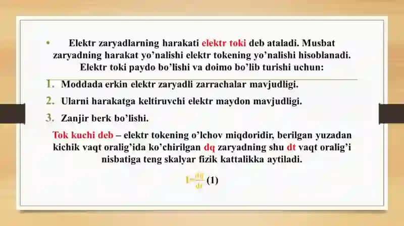 Elektor toki. Tok kuchi. Zanjirning bir qismi uchun Om qonuni. Qarshilik. Elektr zanjirlar. O’tkazgichlarni ketma-ket va paralell ulash. Umumiy qarshilikni hisoblash. 2