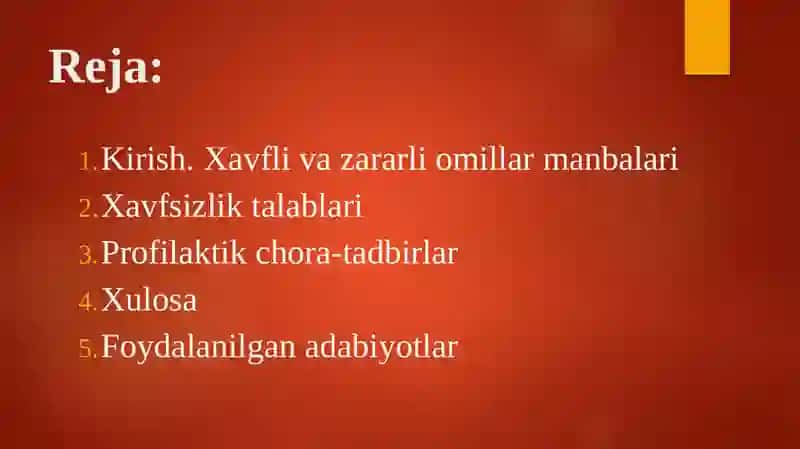 Sodir bo‘lishi mumkin bo‘lgan xavfli va zararli omillar manbalari va xavfsizlik talablari 2