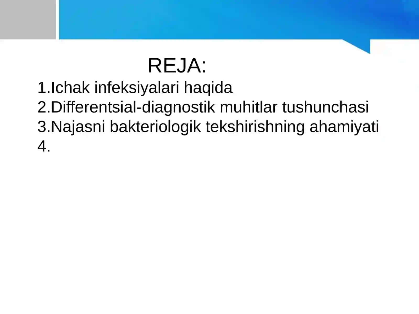 Differentsial`-diagnostik (Endo, Levina, Ploskireva, VSA) muxitlariga najasni ekish temadan prezinta 2