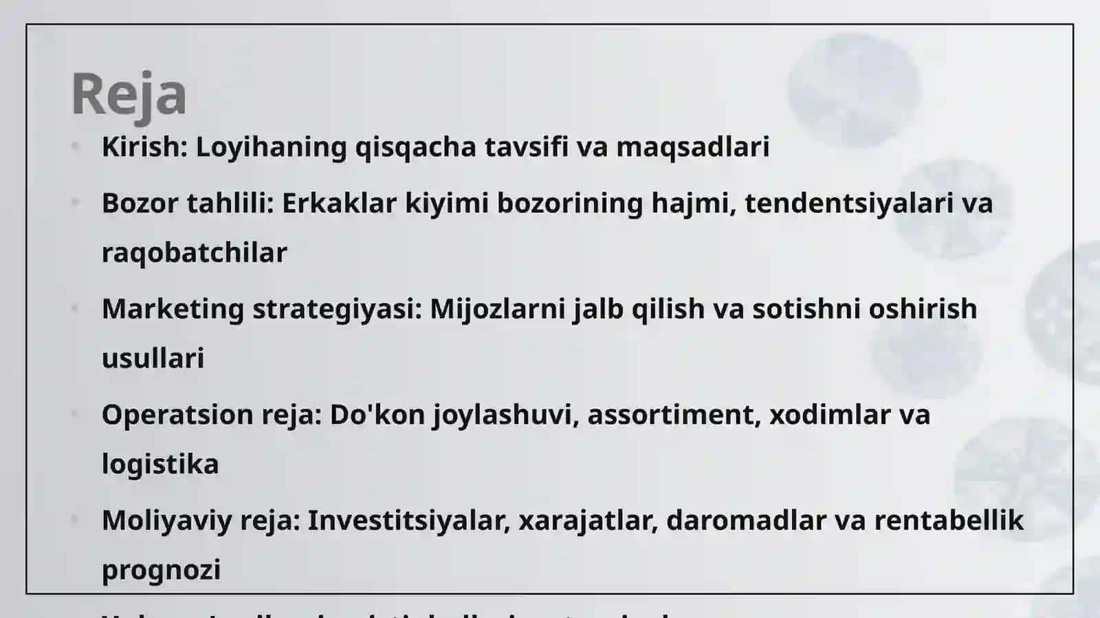 Biznes plan: Erkaklar kiyim magazin ochish 2