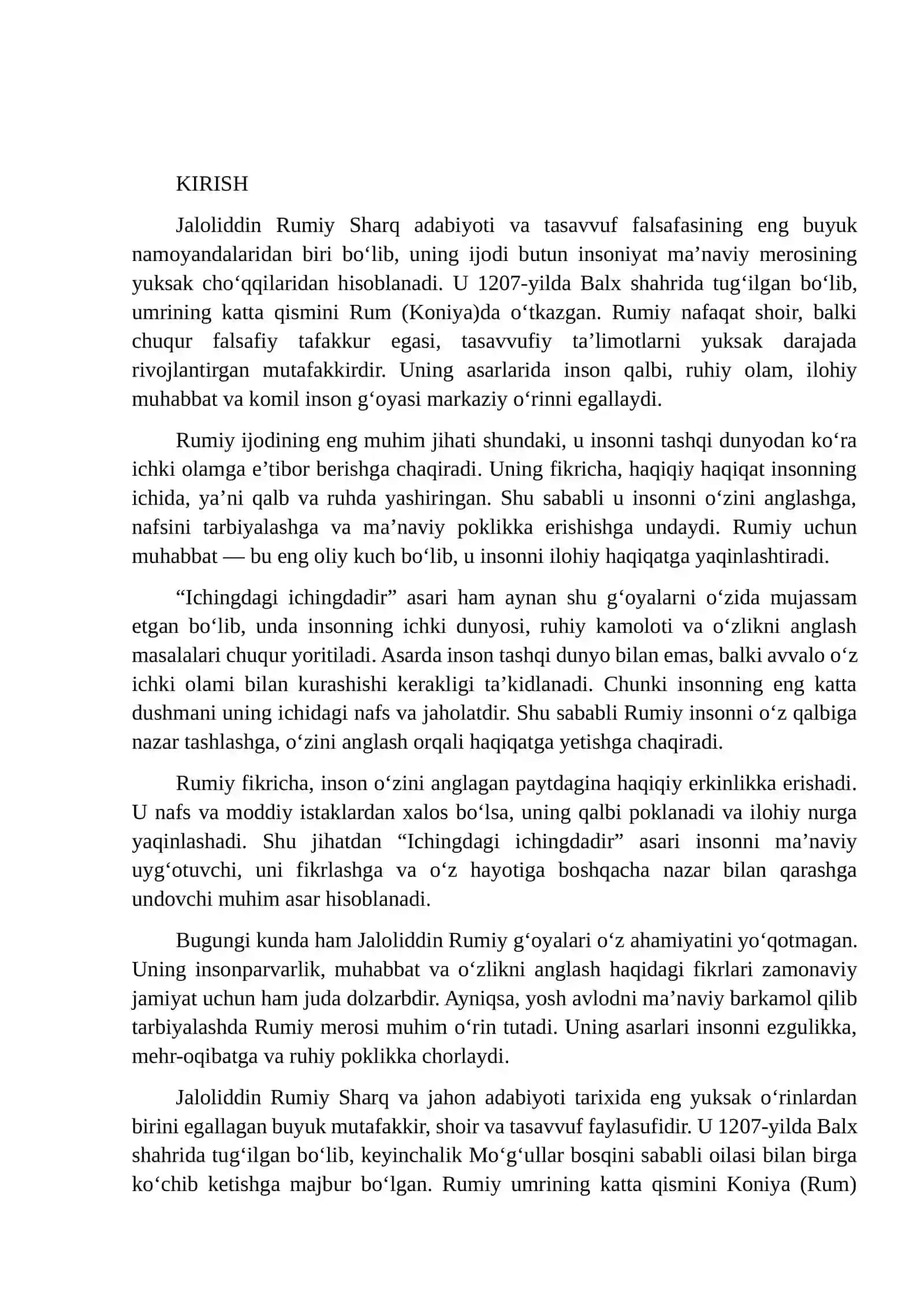 Jaloliddin Rumiy va uning “Ichingdagi ichingdadir” asari mohiyati bo‘yicha 2
