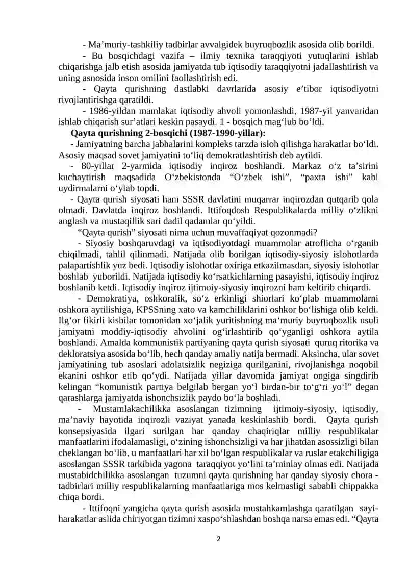 3-mavzu: Mustaqillikka erishish arafasida Oʻzbekistondagi ijtimoiy-siyosiy jarayonlar 2
