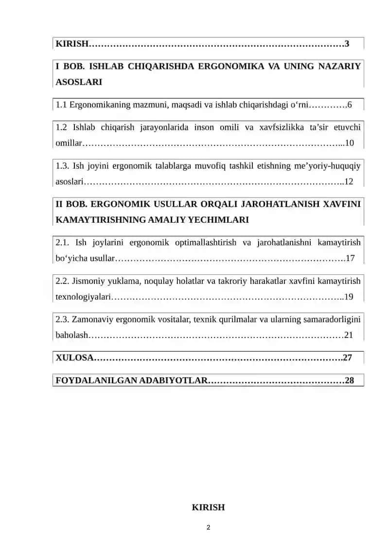 Ishlab chiqarishda jarohatlanish xavfini kamaytirishda erganomik usullarning samaradorligi 2