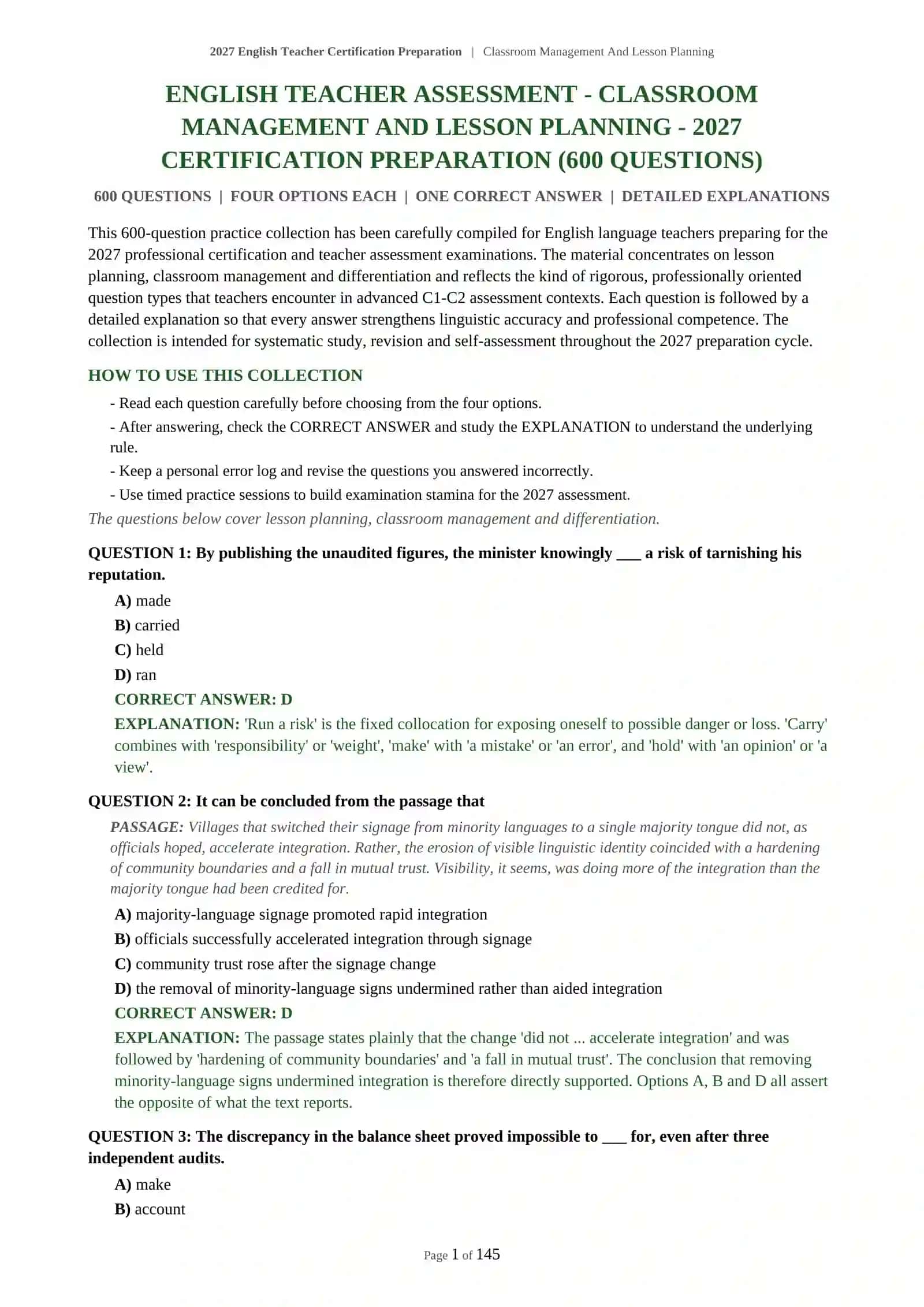 ENGLISH TEACHER ASSESSMENT - CLASSROOM MANAGEMENT AND LESSON PLANNING - 2027 CERTIFICATION PREPARATION 2