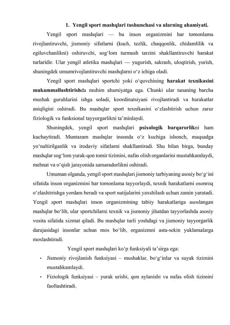 Yengil sport mashqlari orqali texnikani mustahkamlash. 2
