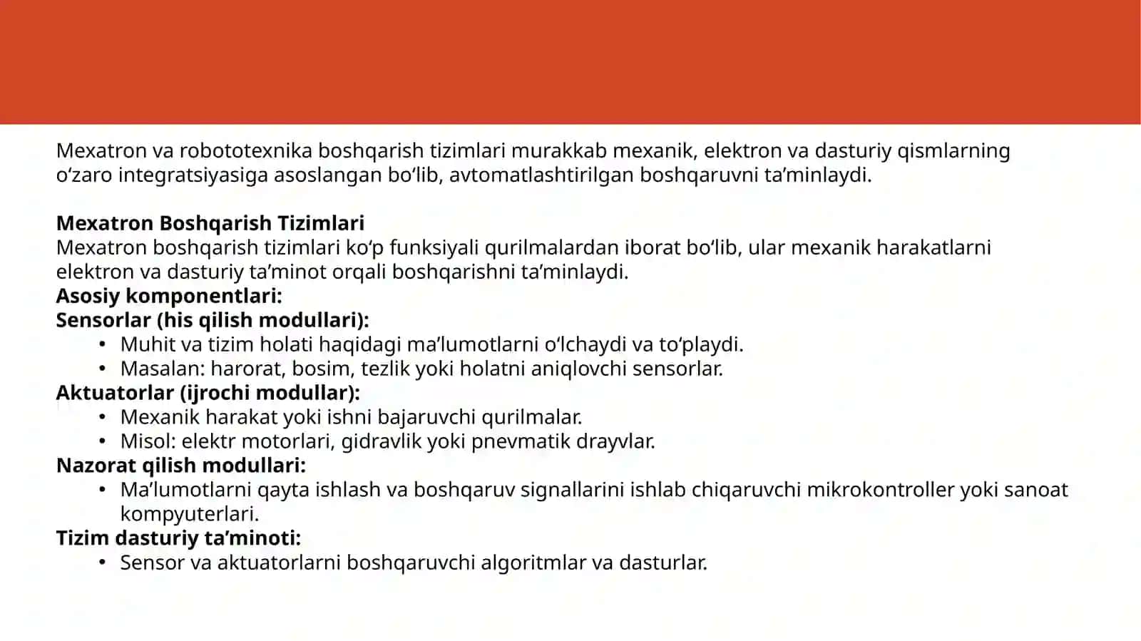 Mexatron va robototexnik boshqarish tizimlari 2