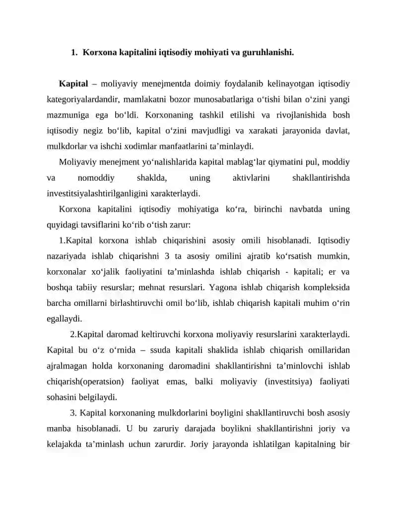Korxona kapitalini iqtisodiy mohiyati va guruhlanishi 2