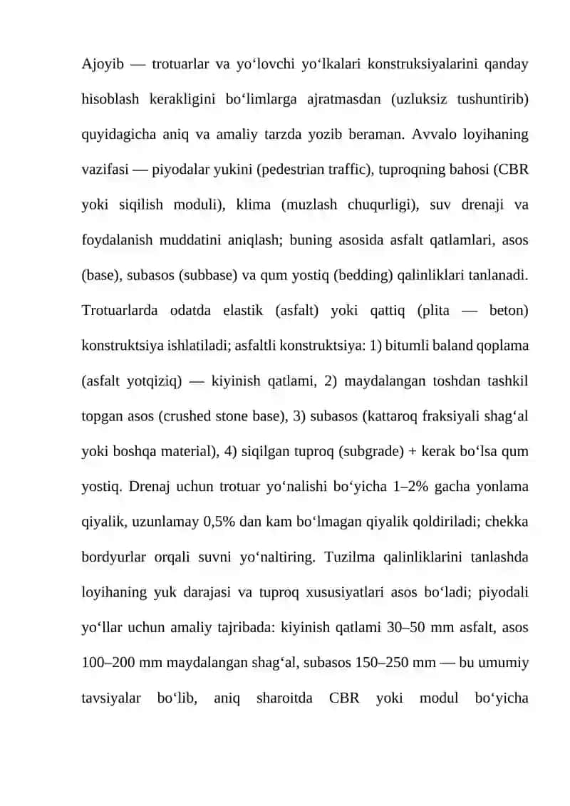 Trotuarlar va yo'lovchi yo'lkalar konstruksiyalarini hisoblash 2