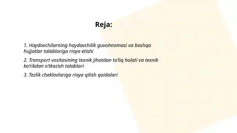 Transport vositalaridan foydalanishda harakat xavfsizligini ta'minlashga qo'yilgan talablar 2
