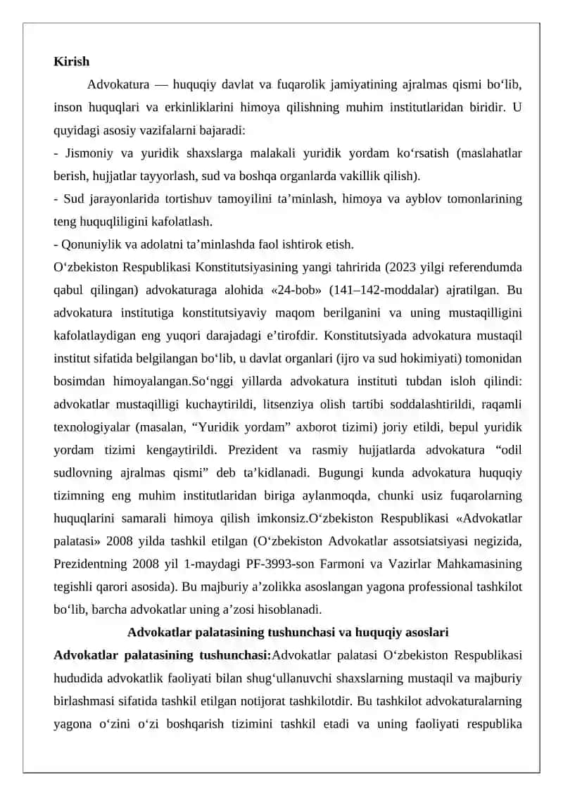 Oʻzbekiston Respublikasi Advokatlar Palatasining Huquqiy Maqomi 2