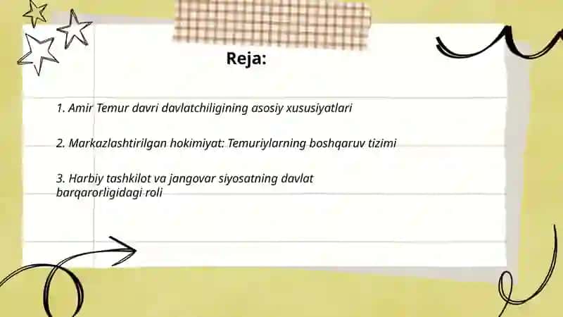Amir Temur davri davlatchiligi.Oʻrta Osiyoning xonliklar ga bulinib ketishi uning sabablari va oqibatlari 2